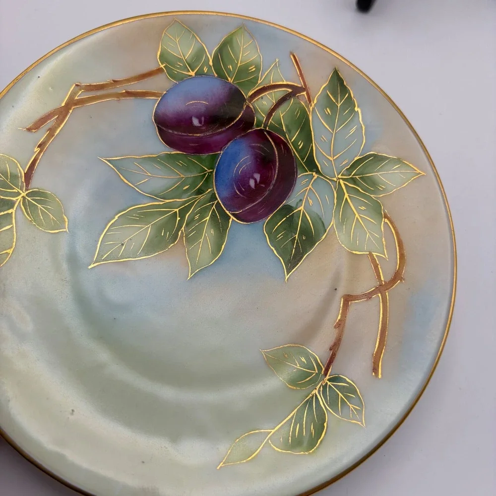 Vintage Hand Painted Plum Fruit Gold Trim Decorative Bread Plate 7